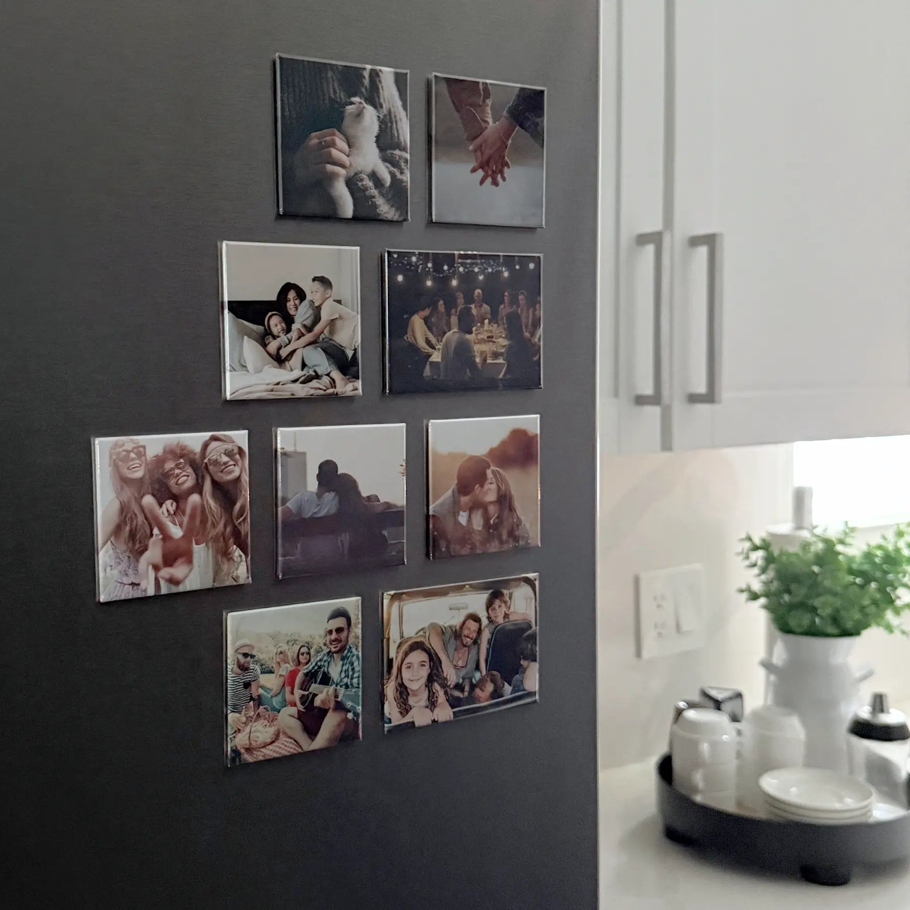 Custom photo magnets featuring joyful friends, families, and couples displayed in a kitchen on the fridge, perfect for personal keepsakes and thoughtful gifts