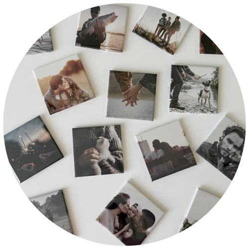 Custom photo magnets arranged in a flatlay featuring romantic moments, family memories, and pets — captured as heartfelt keepsakes and magnetic décor.