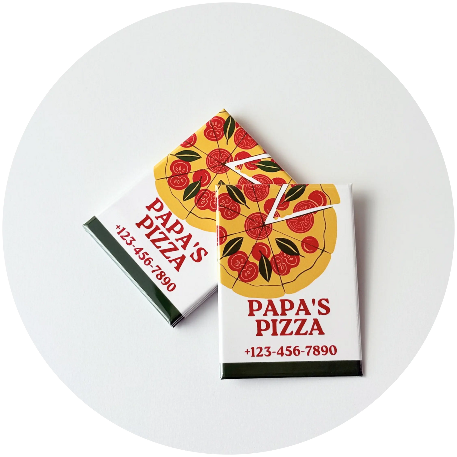 Custom printed logo magnets for a pizza restaurant, featuring the Papa’s Pizza design — durable promotional fridge magnets for branding and customer marketing.