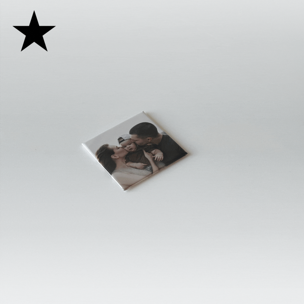 Square custom photo magnets with a match and move effect being stacked on top of one another with ink and magnets slogan, 'live life magnetically.'