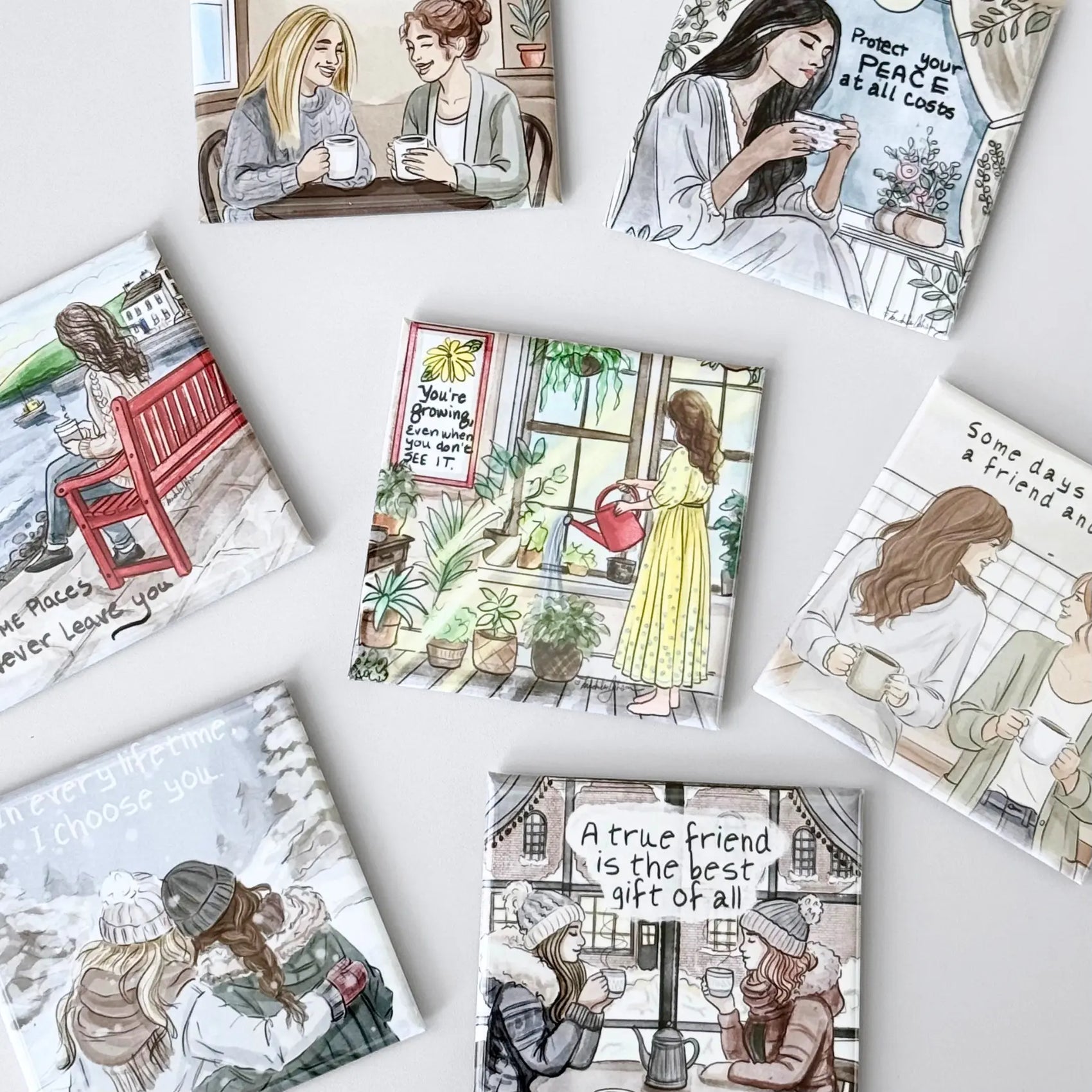 Custom artwork magnets featuring colorful hand-drawn illustrations, friendship themes, and inspirational messages. Printed magnets for artists and illustrators turning original artwork into keepsakes, gifts, and sellable products.