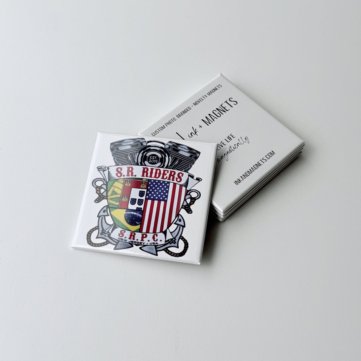 Custom printed square magnet featuring a local motorcycle club logo with an American Portuguese flag emblem, perfect for branded merch or promotional gifts. 