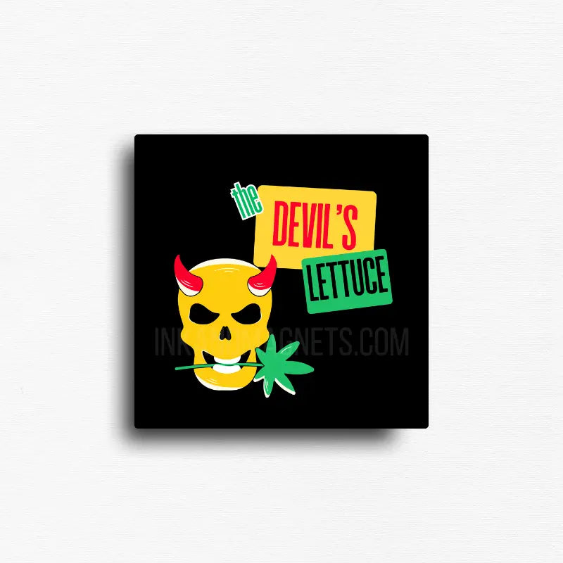 Devils lettuce cannabis novelty square magnet with black background, funny button magnet design