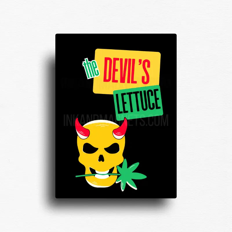 Funny devils lettuce cannabis magnet with black background, rectangle novelty button magnet design