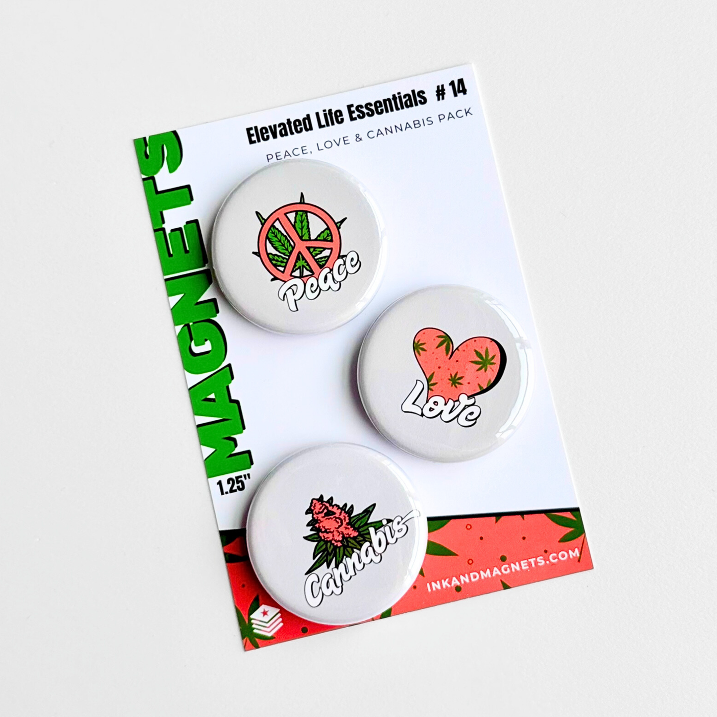 Pack 14 from Elevated Life Essentials featuring peace love cannabis button magnet set on a branded card with 420 novelty fridge magnets by Ink and Magnets. Available as a pin pack.