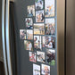 Custom photo magnets displayed on a fridge as a family photo collage, showing personalized magnetic picture keepsakes in everyday use