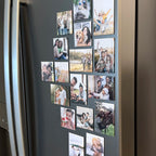 Custom photo magnets displayed on a fridge as a family photo collage, showing personalized magnetic picture keepsakes in everyday use