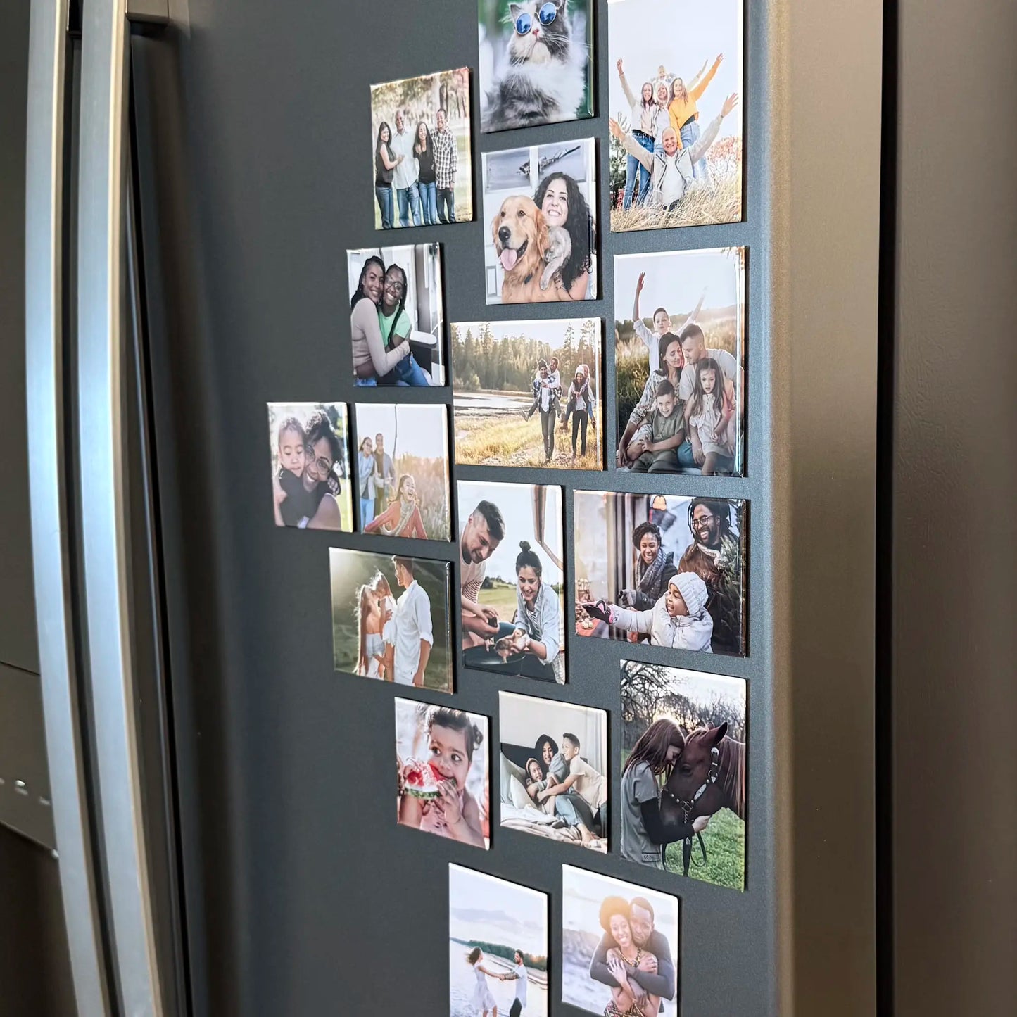 Custom photo magnets displayed on a fridge as a family photo collage, showing personalized magnetic picture keepsakes in everyday use