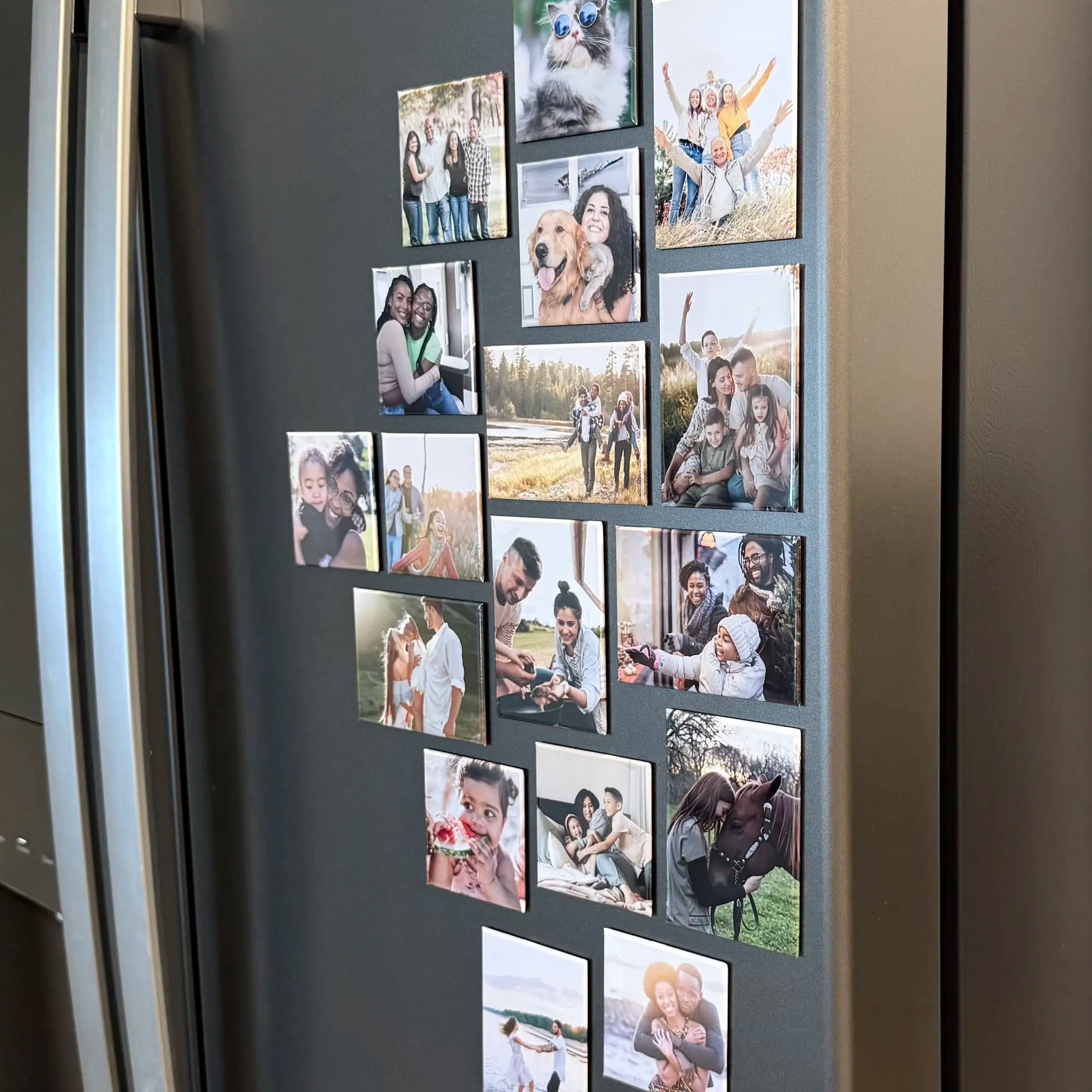 Custom photo magnets displayed on a fridge as a family photo collage, showing personalized magnetic picture keepsakes in everyday use