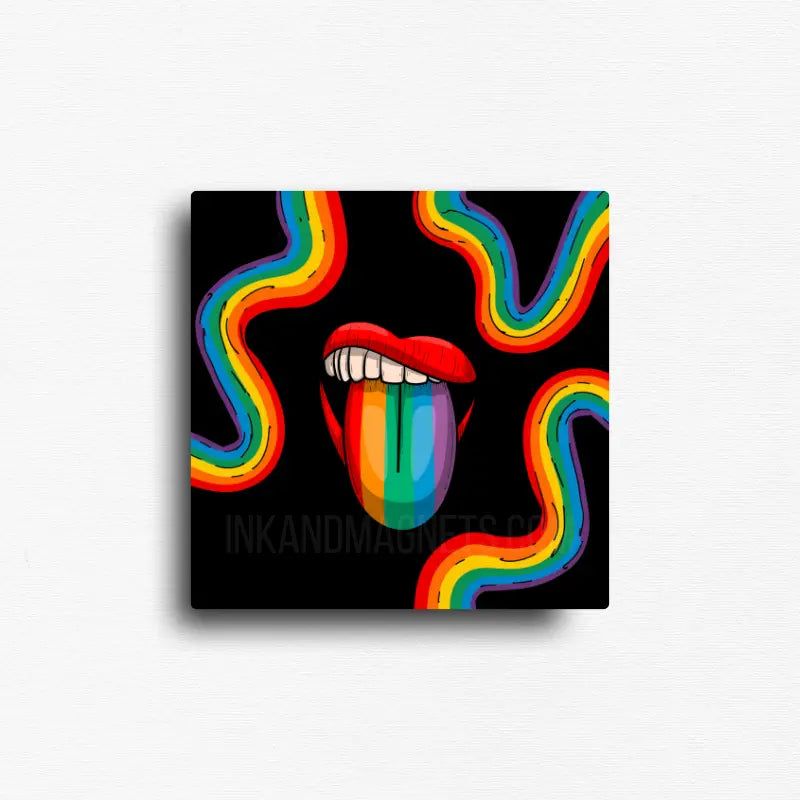Expressive Pride art magnet featuring bold red lips with a rainbow tongue surrounded by flowing rainbow ribbons on a black background. Decorative LGBTQ+ pop-art celebrating confidence, individuality, and self-expression for refrigerators, lockers, office file cabinets, magnetic boards, dorm rooms, and creative spaces.