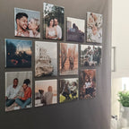 Personalized photo magnets showcasing a diverse collection of family moments, couples, and nature scenes displayed on a magnetic board, perfect for custom gifts and home decor.