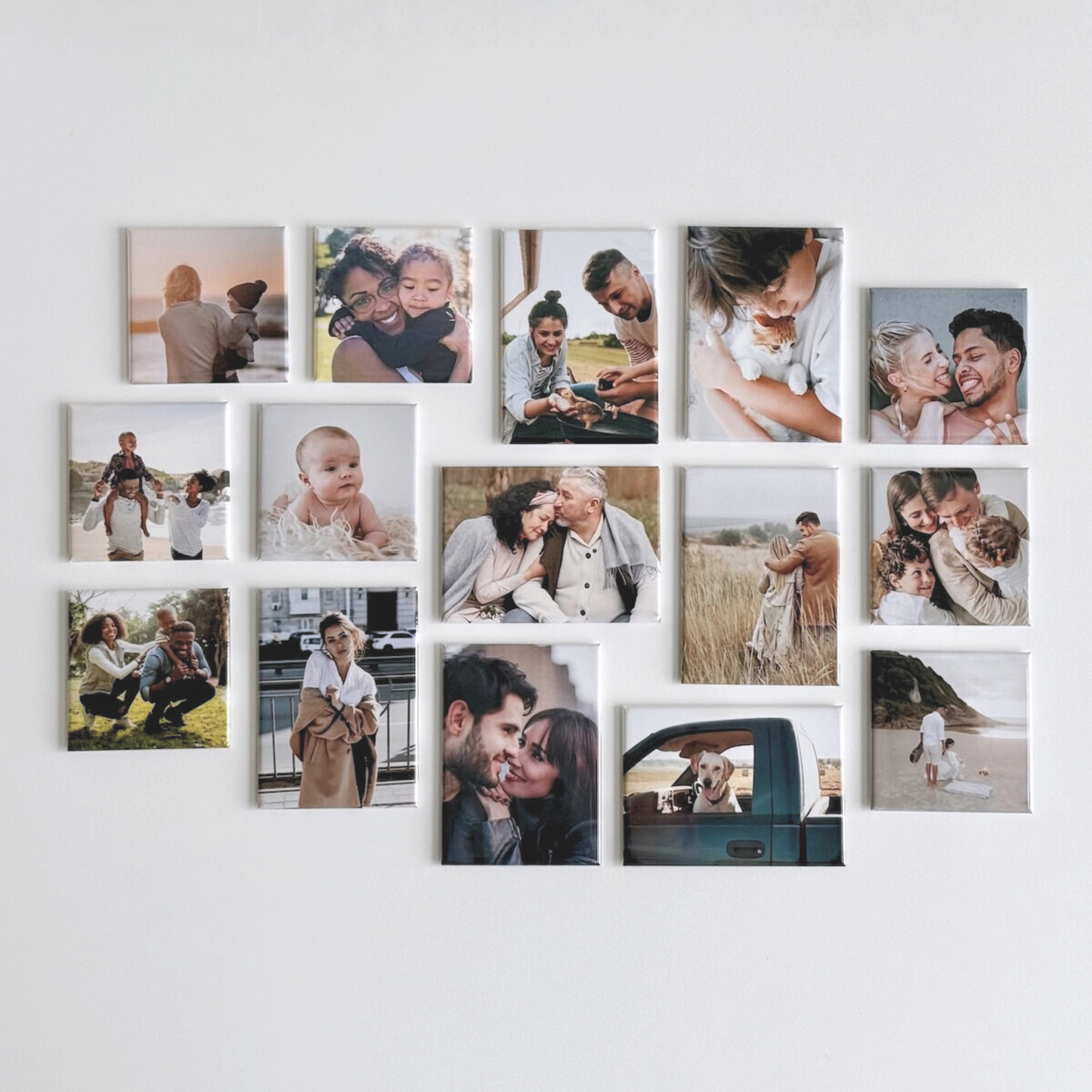 Custom fridge photo magnet collage by Ink and Magnets. Gallery style decor featuring families, pets, and memories as lasting keepsakes and souvenirs.