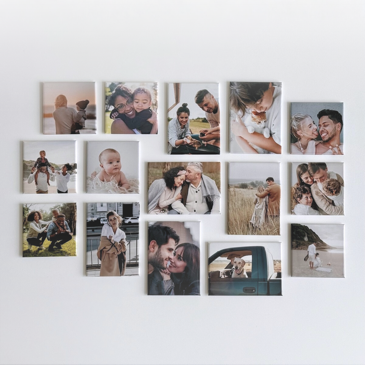 Custom fridge photo magnet collage by Ink and Magnets. Gallery style decor featuring families, pets, and memories as lasting keepsakes and souvenirs.