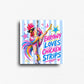 Colorful funny chicken magnet featuring a bright illustrated rainbow rooster on a dance pole wearing sunglasses and 'Everybody Loves Chicken Strips' blue and pink text and striped blue and white background.