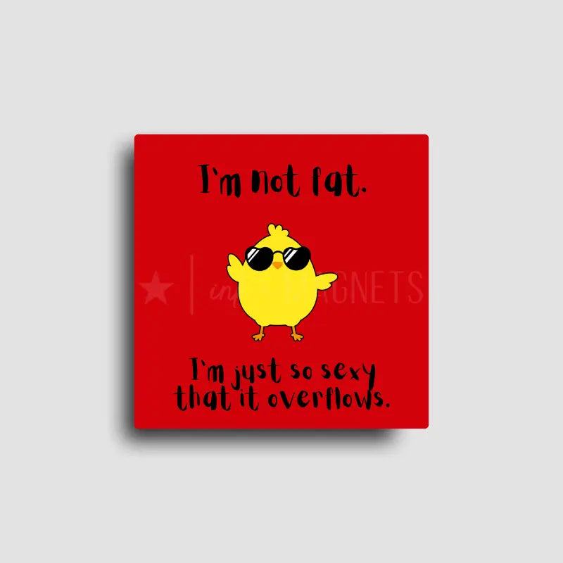 Funny novelty fridge magnet with a yellow chick wearing sunglasses and text on a red background. 