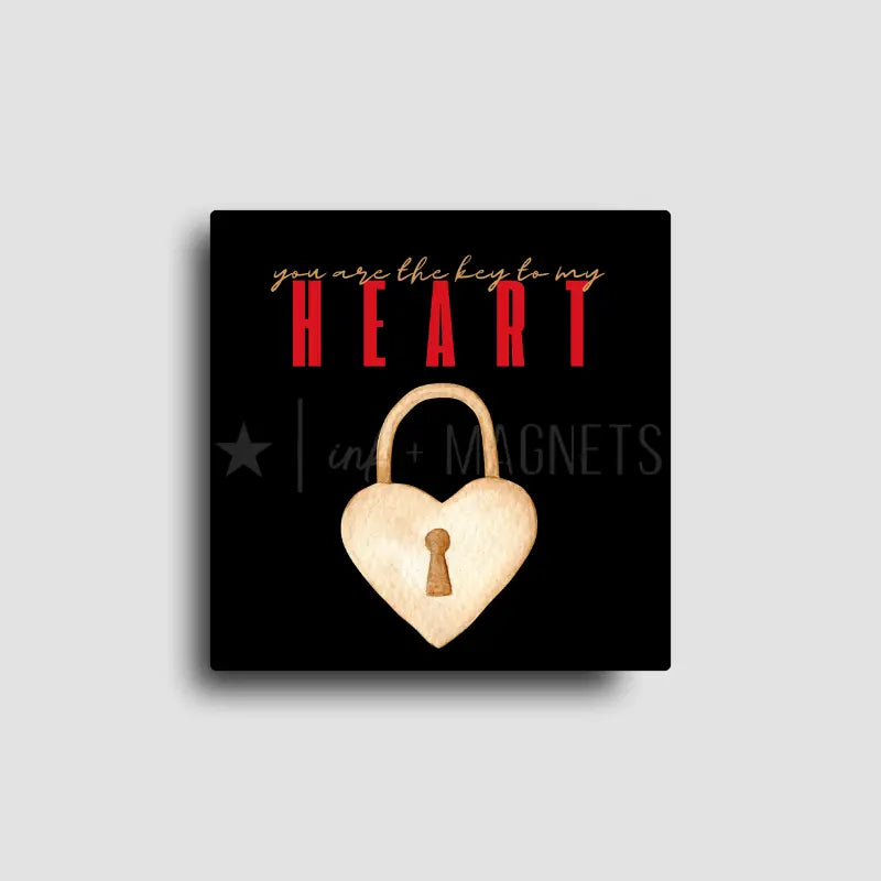 “You are the key to my heart” lock and key design fridge magnet with black background, perfect for romantic gifts and heartfelt home decor keepsakes.