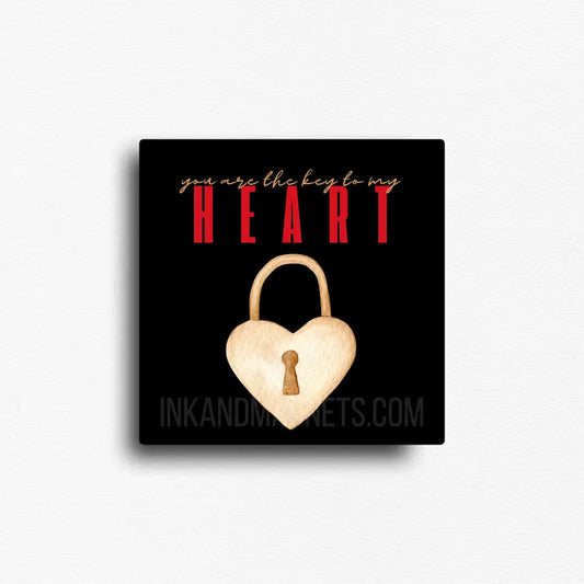 “You are the key to my heart” lock and key design fridge magnet with black background, perfect for romantic gifts and heartfelt home decor keepsakes.