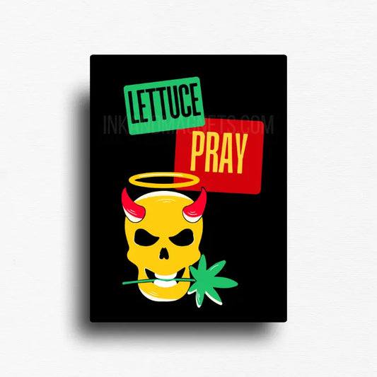 Funny lettuce pray cannabis magnet with black background, rectangle novelty button magnet design