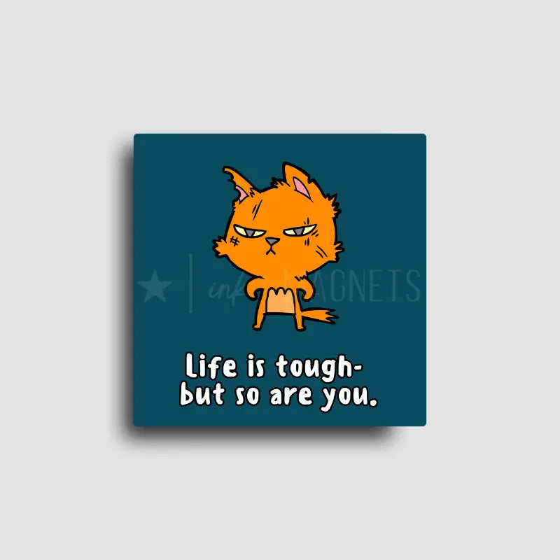 Motivational novelty fridge magnet of a roughed up cartoon cat reminding you that "life is tough- but so are you"