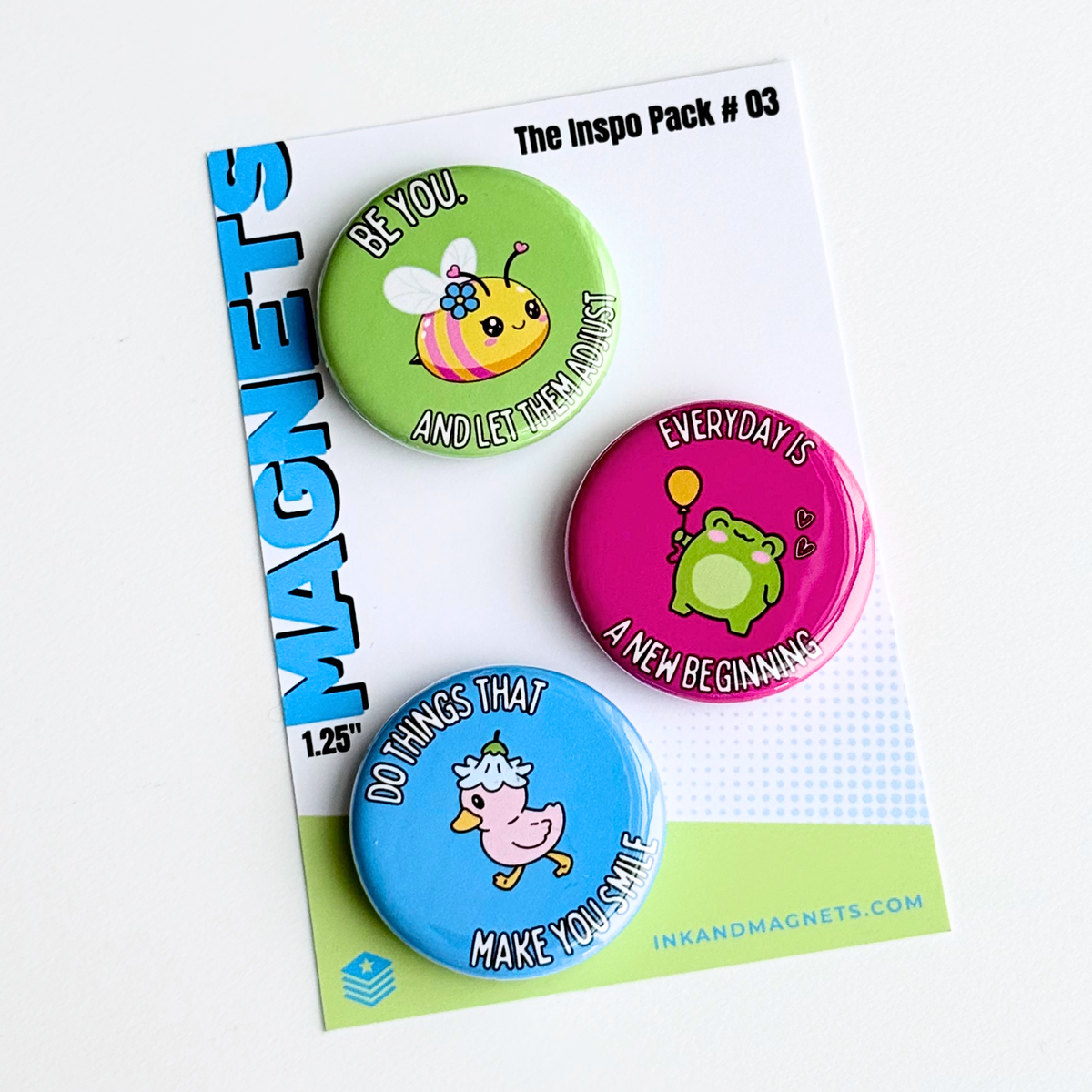 Motivational magnets in a small 1.25" round button style with vivid color printing. This inspirational magnet pack is great for kids, adults, classrooms, and the home. Perfectly enjoyable by anyone who needs a little push in the quiet moments. 