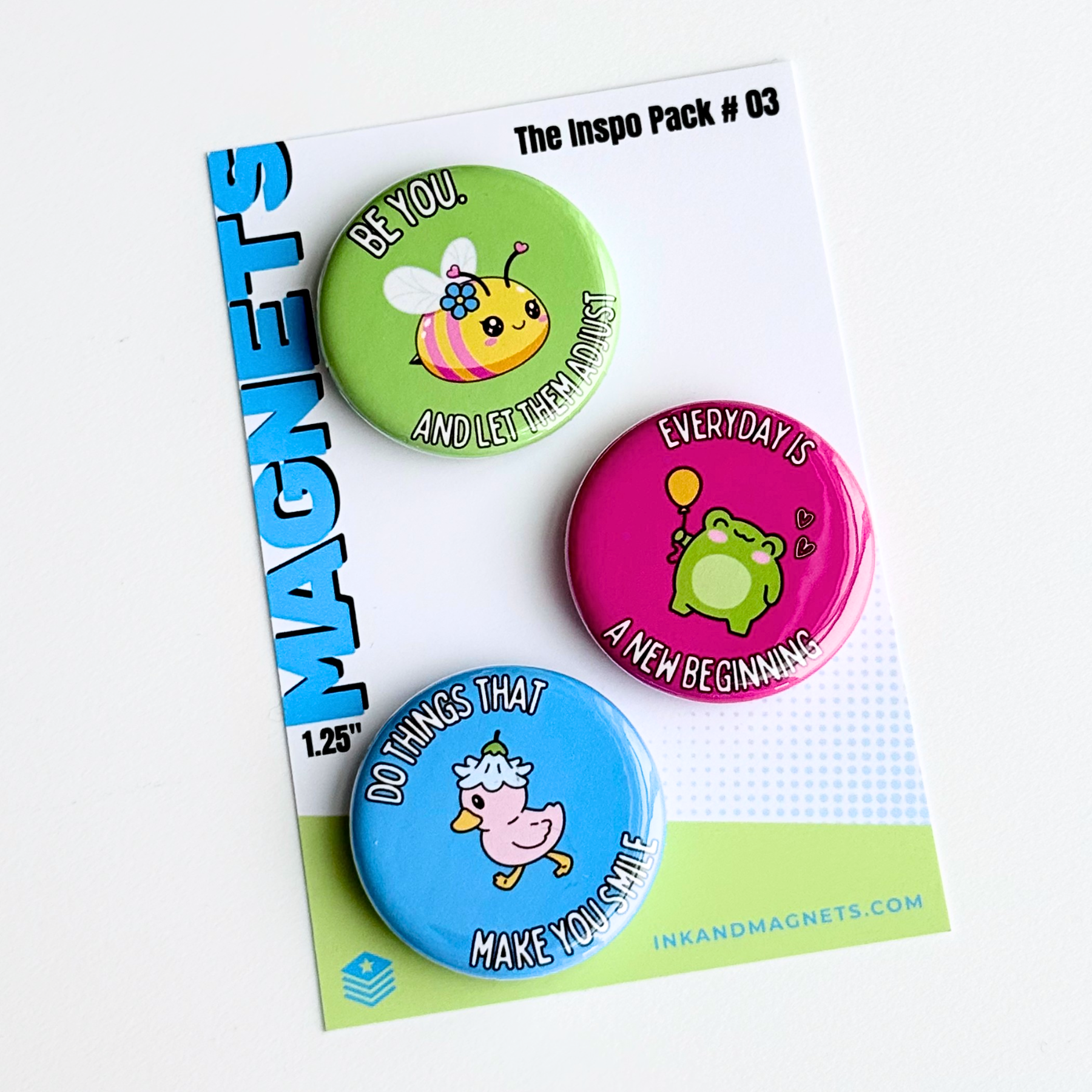 Motivational magnets in a small 1.25" round button style with vivid color printing. This inspirational magnet pack is great for kids, adults, classrooms, and the home. Perfectly enjoyable by anyone who needs a little push in the quiet moments. 