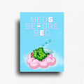 Relatable meds before bed magnet with sleeping cannabis leaf on a pink cloud and blue background, novelty fridge magnet