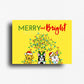 Funny holiday fridge decor magnet featuring a happy yellow background and three dogs tangled in christmas lights.