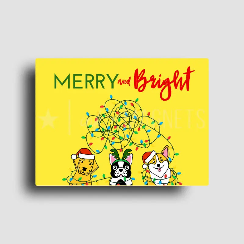 Funny holiday fridge decor magnet featuring a happy yellow background and three dogs tangled in christmas lights. 
