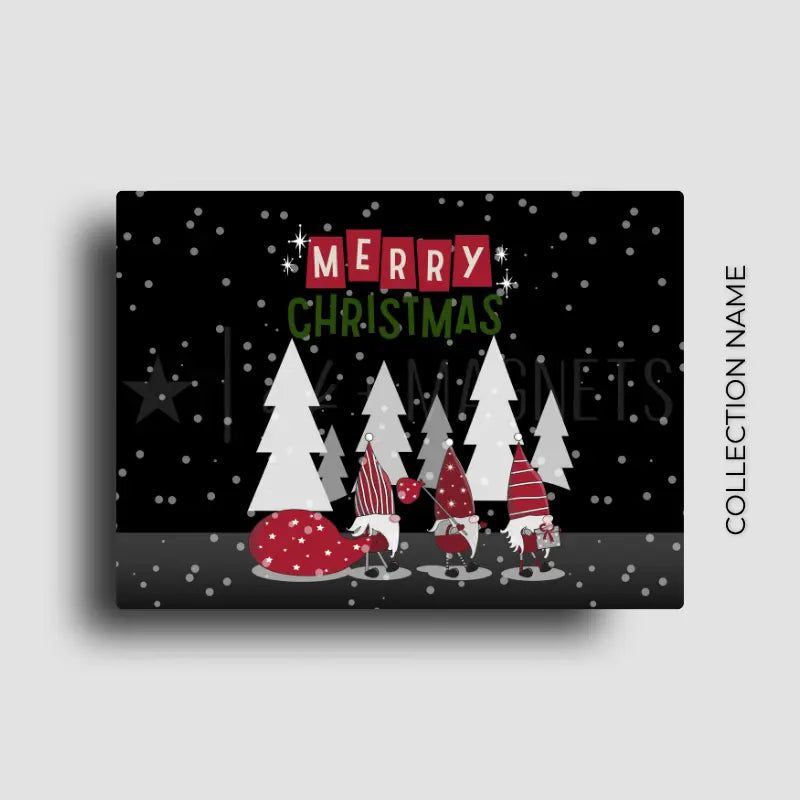 Holiday decor for your fridge, gnomes walking through a forest in the snow. We know them for good luck, the gnomes for the holiday decor. 