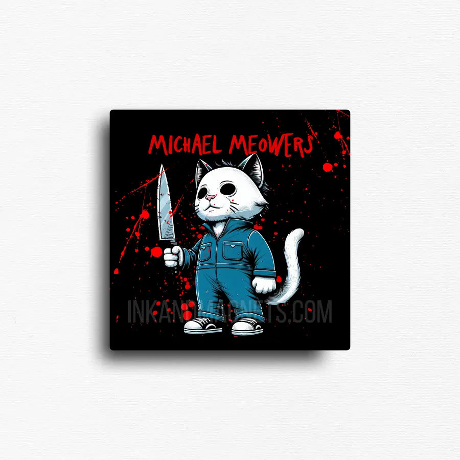 Square novelty fridge magnet with cat wearing a mask. Even cute kittys can be scary in these iconic blue coveralls.