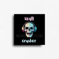 Smiling skull head wearing over the ear headphones, novelty fridge magnet for music lovers.