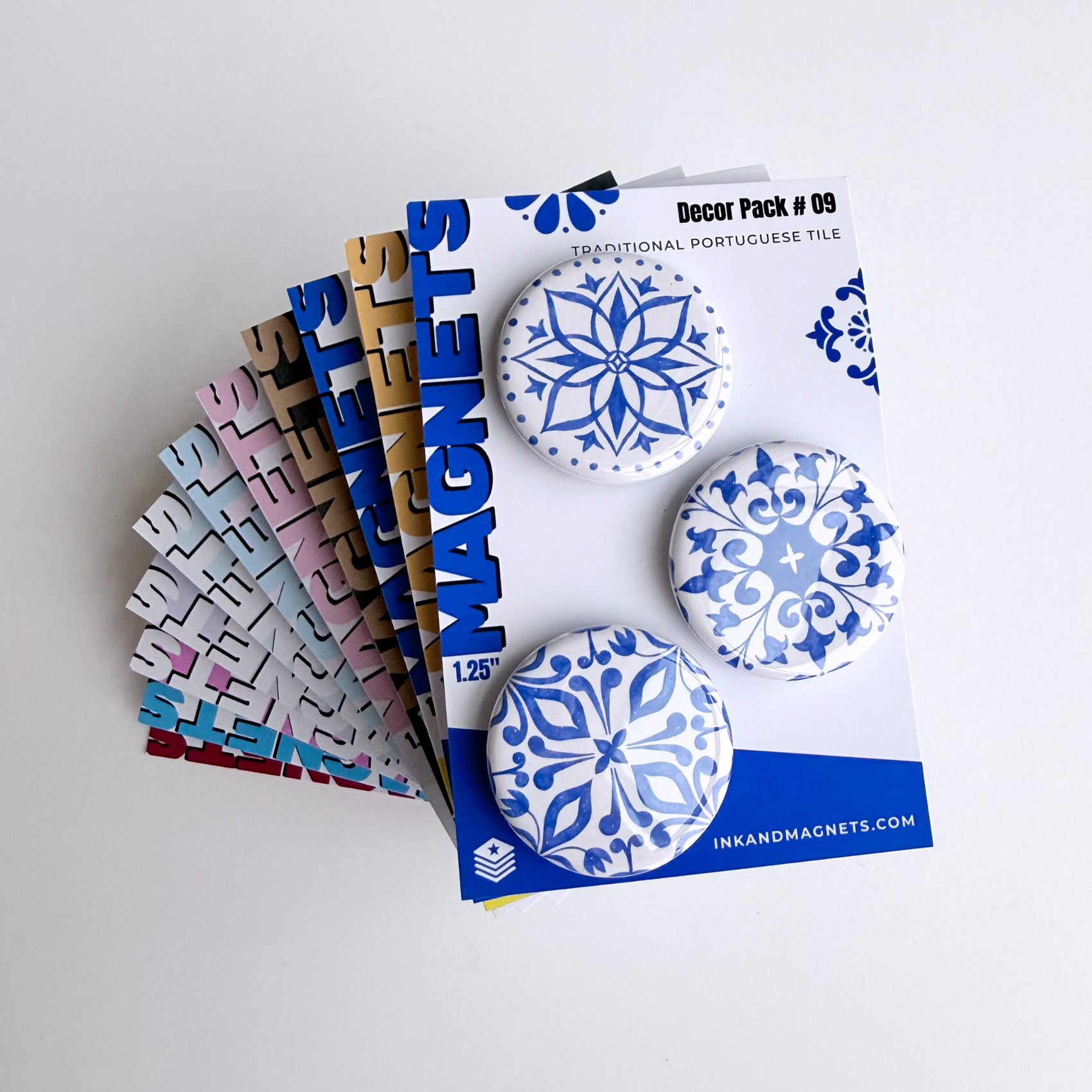 3 piece decorative magnets sets. Sold in packs with matching designs. Fridge magnets are 1.25"- professionally printed with vivid colors, have a strong magnetic hold, and a glossy finish.