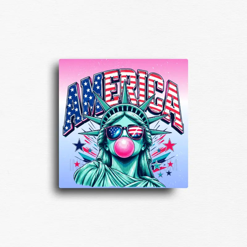 Square patriotic America fridge magnet featuring Lady Liberty wearing American flag sunglasses and blowing a pink bubblegum bubble. Bold retro pop art design for Fourth of July décor, kitchen refrigerators, lockers, office file cabinets, magnetic boards, and Americana home décor.