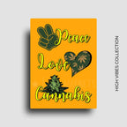 bold 420 friendly novelty fridge magnet. Peace love and cannabis design orange and army green. 