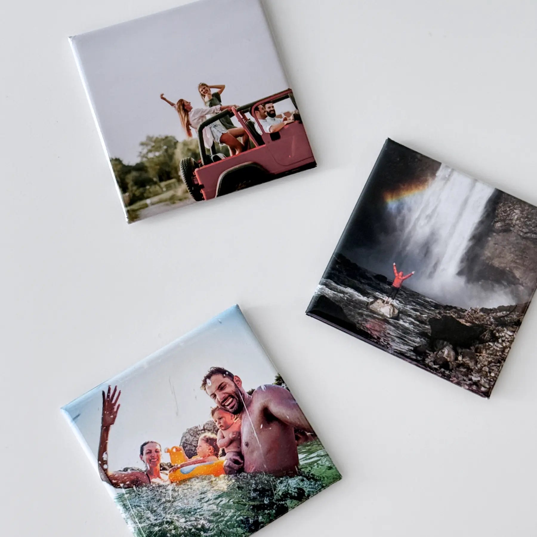Custom photo magnets showing family and friends enjoying outdoor adventures and fun, perfect personalized gift or travel keepsake for cherished memories.