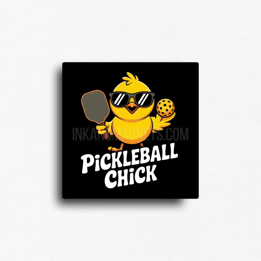 A cute chick wearing sunglasses and ready to play some picketball for the picketball chick who takes the game seriously and knows how to have fun. Great personality gift.