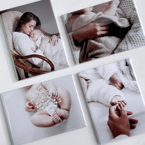 Square and rectangle custom photo magnets featuring newborn and baby photography. Personalized keepsake magnets for preserving baby milestones, family memories, and meaningful moments or giving as gifts to parents and grandparents.