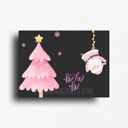 Holiday fridge decor magnet featuring a santa wearing pink and a pink tree. He's just hanging around and so is this magnet.