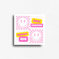 Positive quote fridge magnet featuring the phrases "Dream Big" and "Stay Positive" with smiley faces, retro sticker-inspired artwork, and a pink checkerboard pattern. Cheerful décor for refrigerators, lockers, office file cabinets, and magnetic boards.