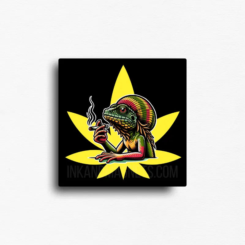 420 friendly novelty fridge magnet design of a colorful lizard smoking with a yellow cannabis leaf background, dispensary merch or gift. 