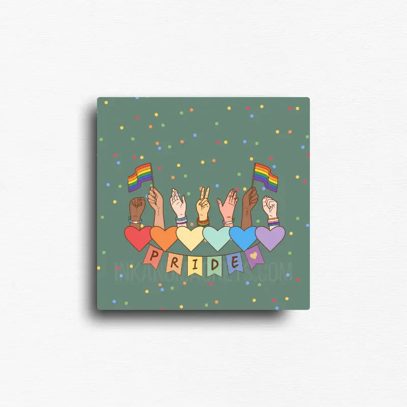 Square Pride celebration magnet featuring raised hands of diverse skin tones holding rainbow Pride flags above colorful hearts and a "PRIDE" banner. Decorative magnet celebrating love, inclusion, diversity, and community for refrigerators, lockers, office file cabinets, classrooms, and magnetic boards.