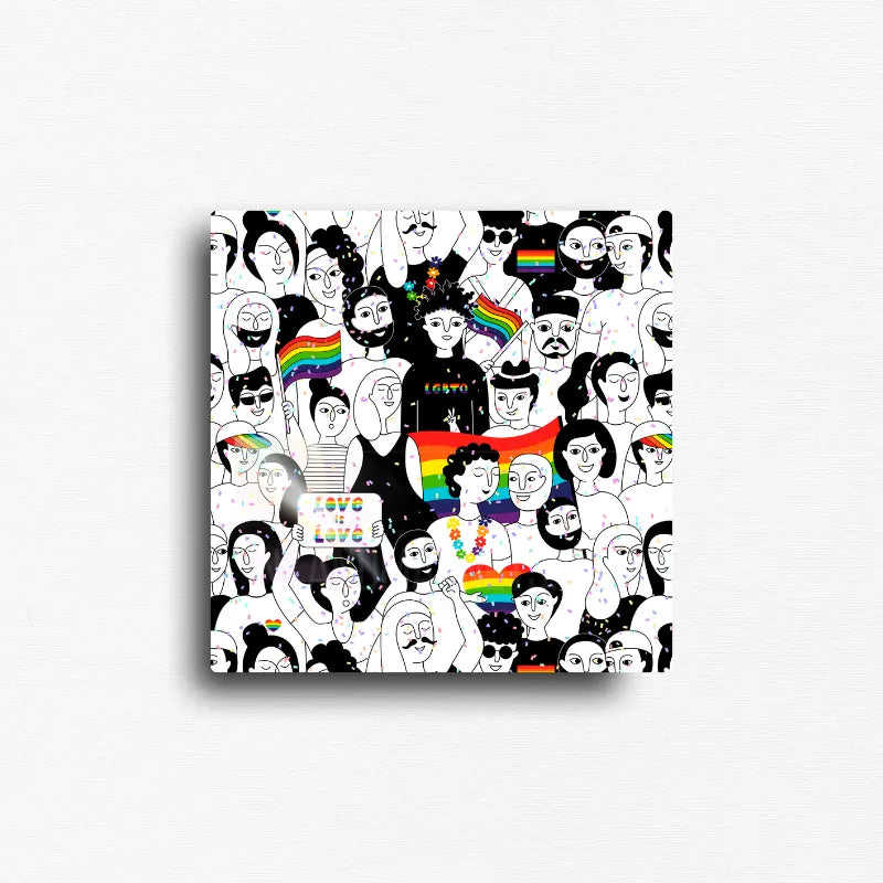 Pride community art magnet featuring an illustrated crowd of diverse people celebrating love, inclusion, and identity with rainbow flags and colorful Pride details. Decorative square magnet for refrigerators, lockers, office file cabinets, classrooms, and magnetic boards.