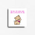 Cheeky novelty fridge magnet featuring cute bear in a pink shirt. Custom printed button magnet. 