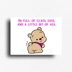 Cheeky novelty fridge magnet featuring cute bear in a pink shirt on a white background. Funny prints for gifts and decor. Custom printed button magnet. 