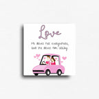 Printed novelty magnet with funny couples theme. Button magnet that reads "Love. He drives her eveywhere, and she drives him crazy."