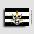 Skull and weed leaf cannabis culture novelty fridge magnet for gifts or dispensary merch.