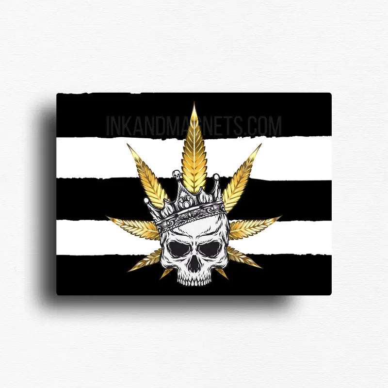 Skull and weed leaf cannabis culture novelty fridge magnet for gifts or dispensary merch.