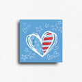 Square fridge magnet for American pride, featuring red, white and blue handdrawn stars and hearts. 