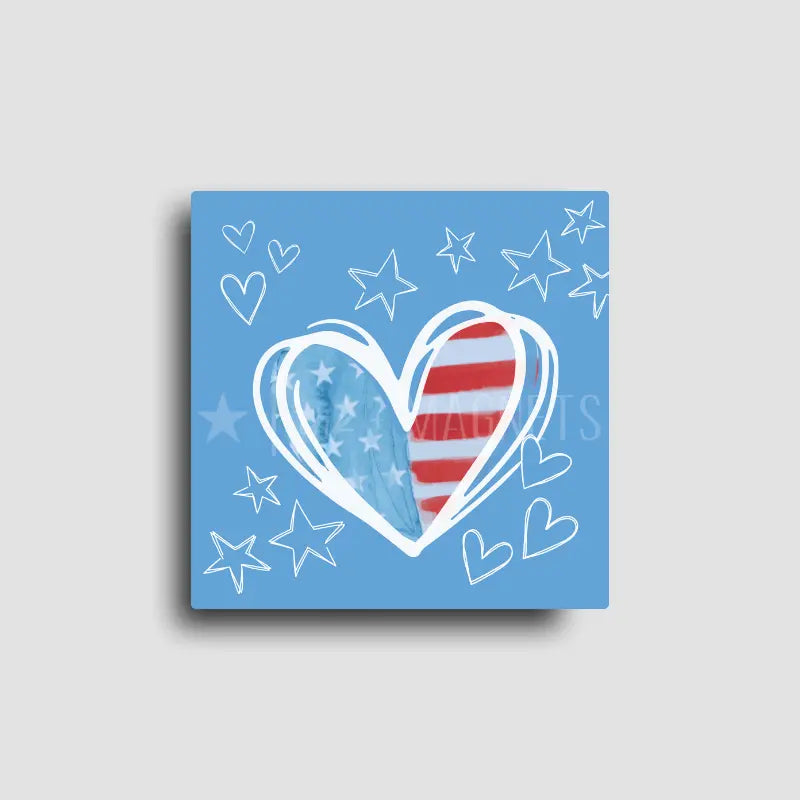 Square fridge magnet for American pride, featuring red, white and blue handdrawn stars and hearts. 