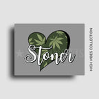 Cannabis themed novelty fridge magnet featuring a heart-shaped design with cannabis leaves and 'Stoner' text on a gray background. Custom design by ink and magnets available for wholesale orders.